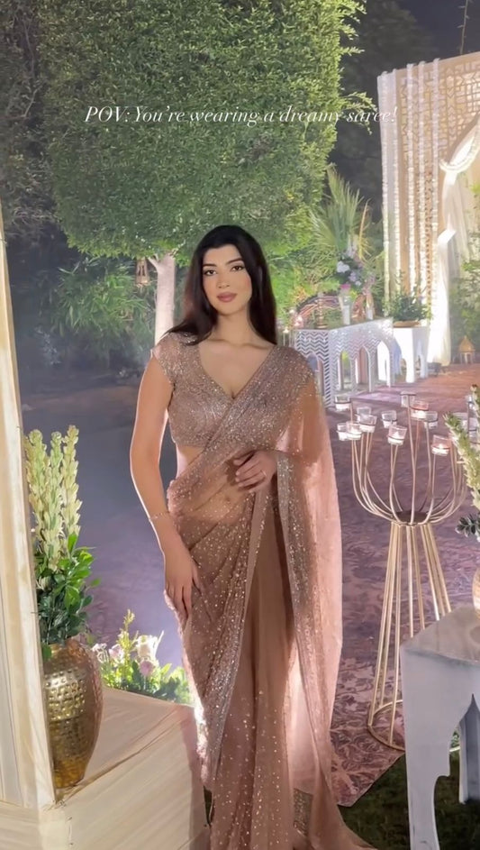Golden Net Saree with Sequins & Dori Work