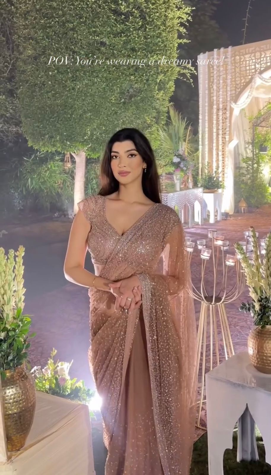 Golden Net Saree with Sequins & Dori Work