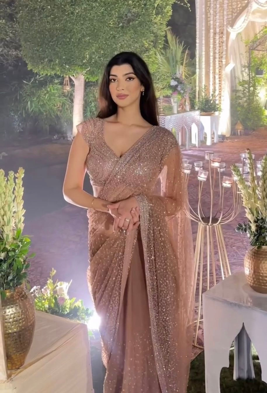 Wedding Wear Golden Net Saree with Sequins & Dori Work | Party Wear Saree For Women