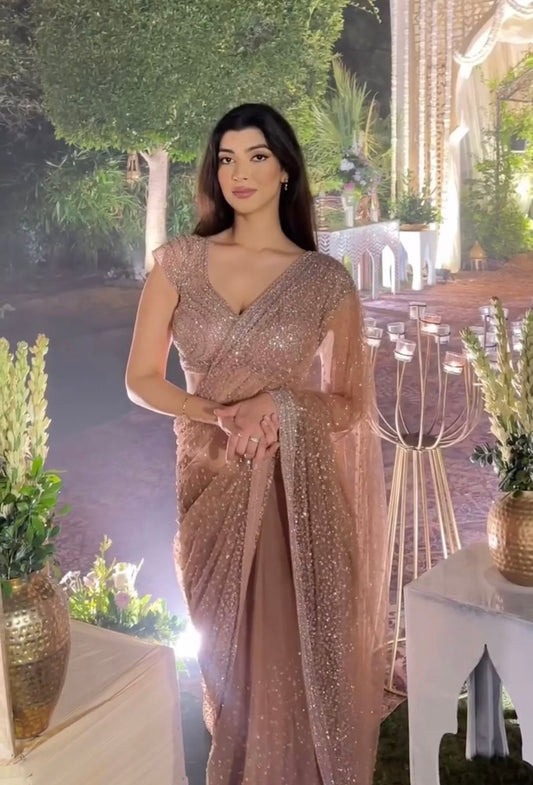 Wedding Wear Golden Net Saree with Sequins & Dori Work | Party Wear Saree For Women