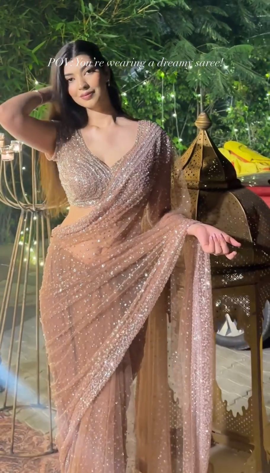 Golden Net Saree with Sequins & Dori Work