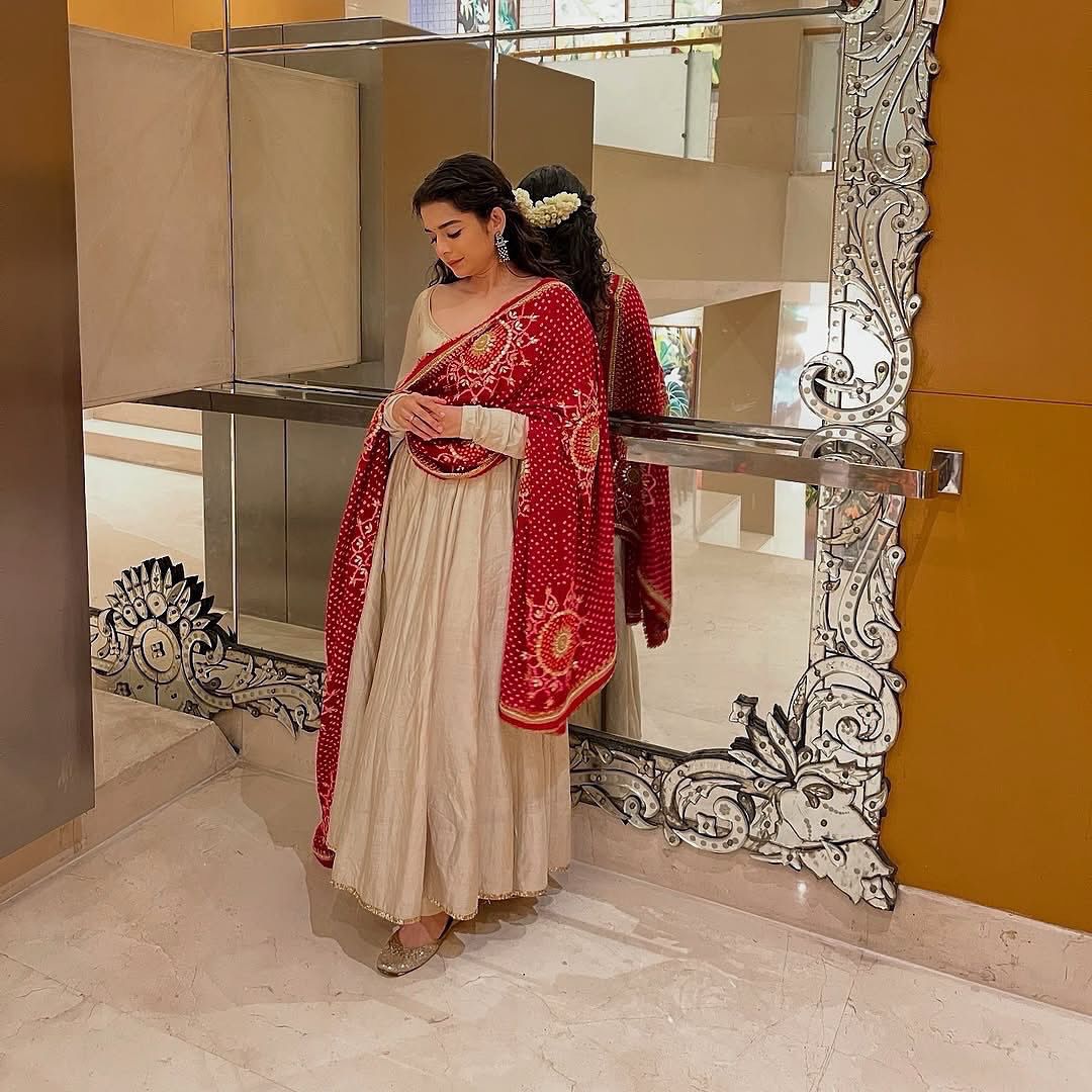 Ready to Wear Ivory Anarkali Gown with Bandhani Dupatta for Women
