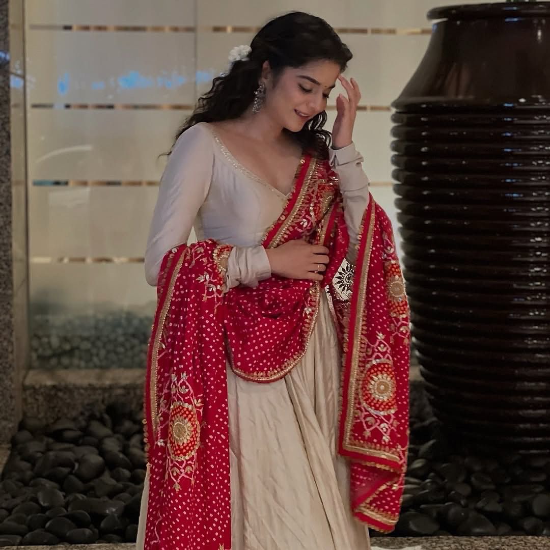 Ready to Wear Ivory Anarkali Gown with Bandhani Dupatta for Women