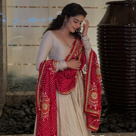 Ready to Wear Ivory Anarkali Gown with Bandhani Dupatta for Women
