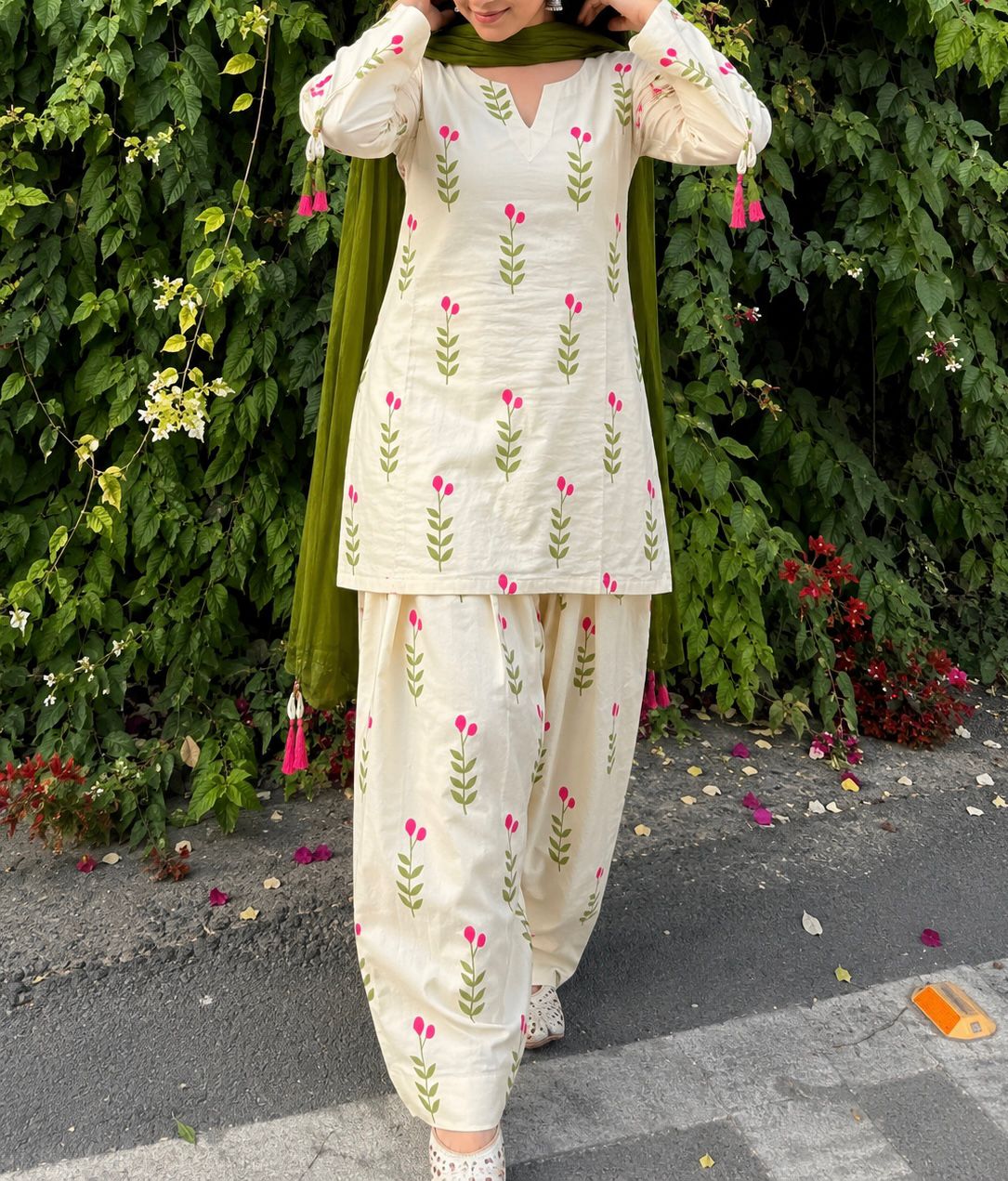 Elegant White & Pista Floral Salwar Kameez Kurta Set