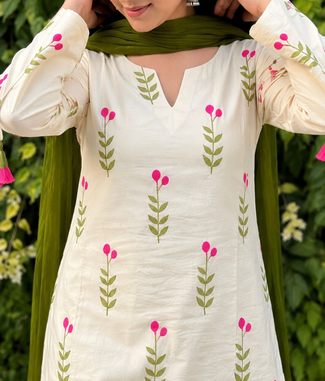 Elegant White & Pista Floral Salwar Kameez Kurta Set
