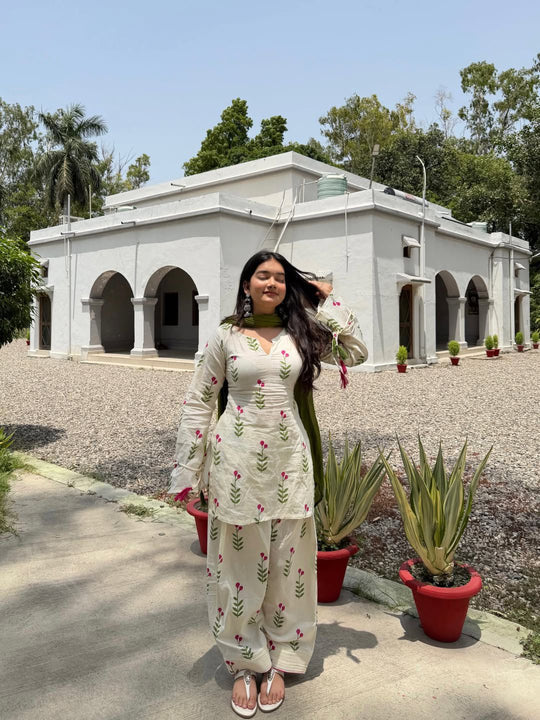 Elegant White & Pista Floral Salwar Kameez Kurta Set