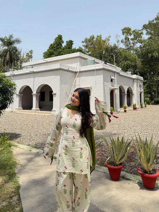 Elegant White & Pista Floral Salwar Kameez Kurta Set