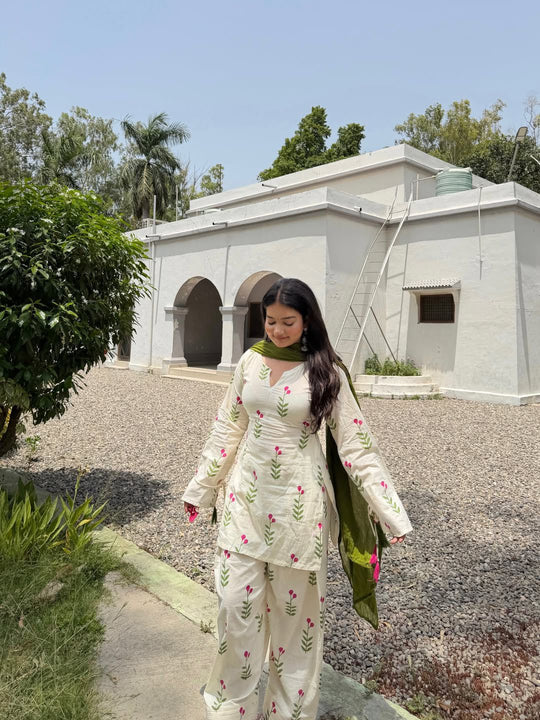 Elegant White & Pista Floral Salwar Kameez Kurta Set