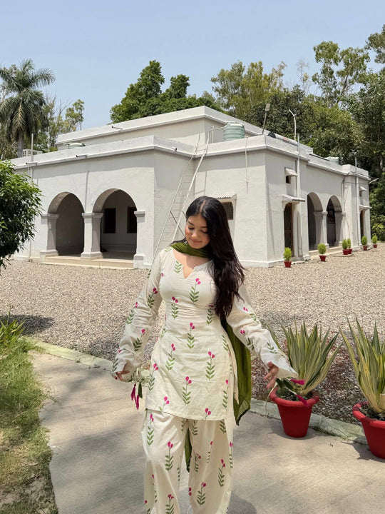 Elegant White & Pista Floral Salwar Kameez Kurta Set