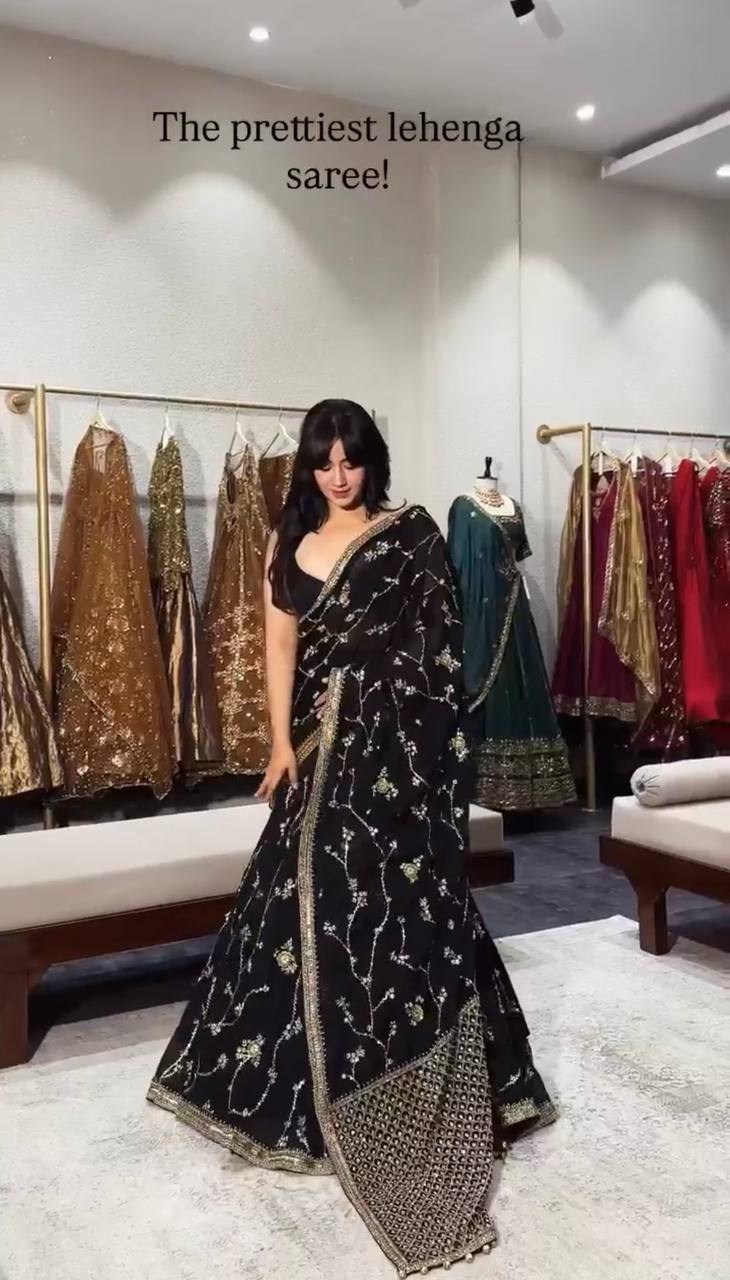 Festive Party Wear Ready-to-Wear Black Georgette Lehenga Saree Set for Women