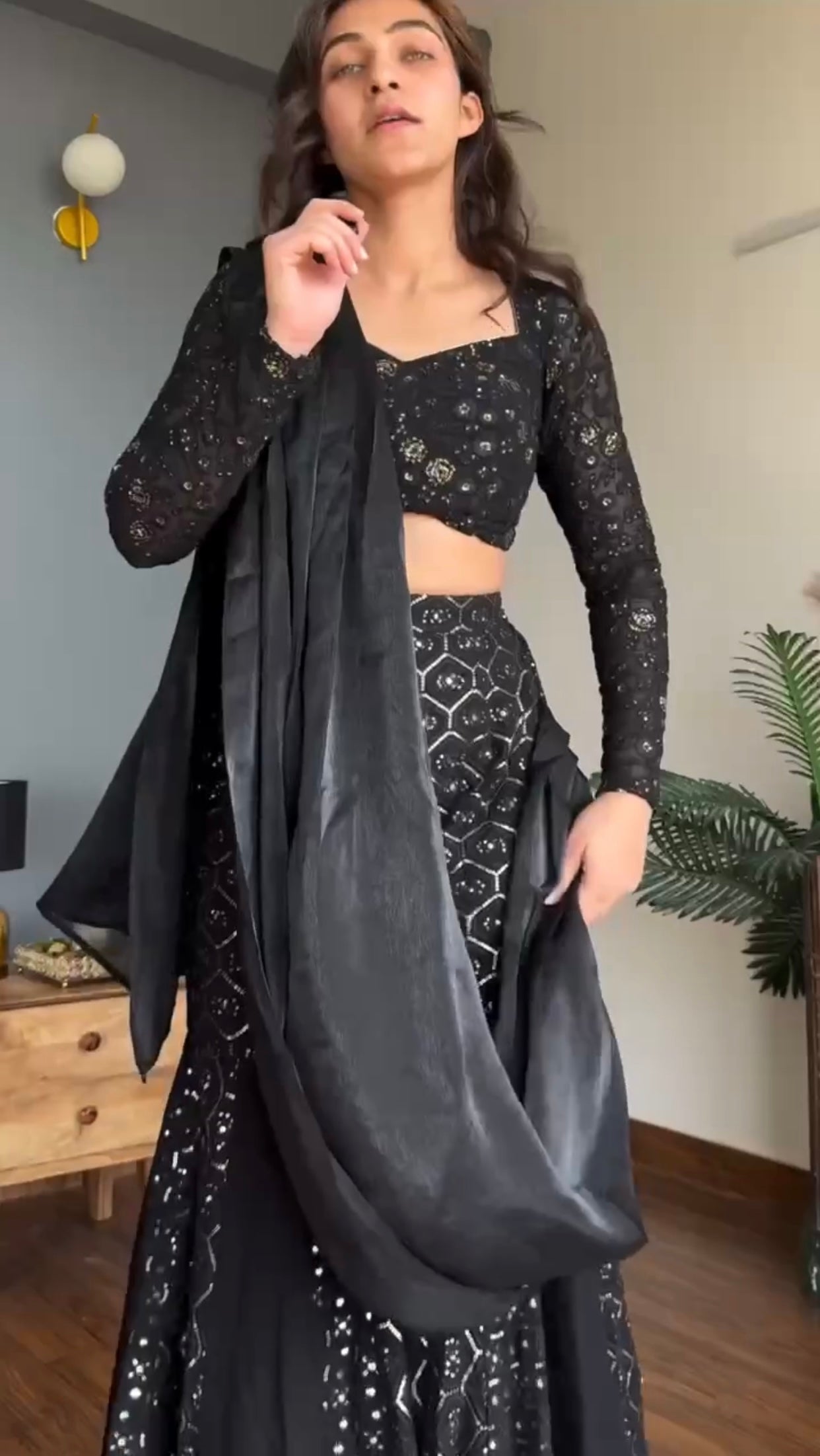 Ready-to-Wear Midnight Black Fully Stitched Lehenga Sharara Set |Fully Stitched Lehenga Sharara for Women