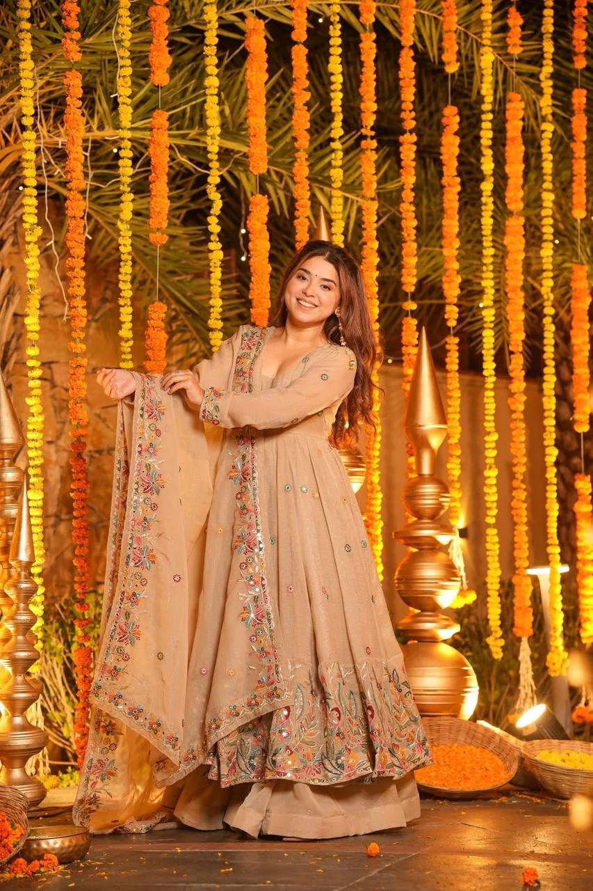 Beige Party Wear Readymade Anarkali Suit Set