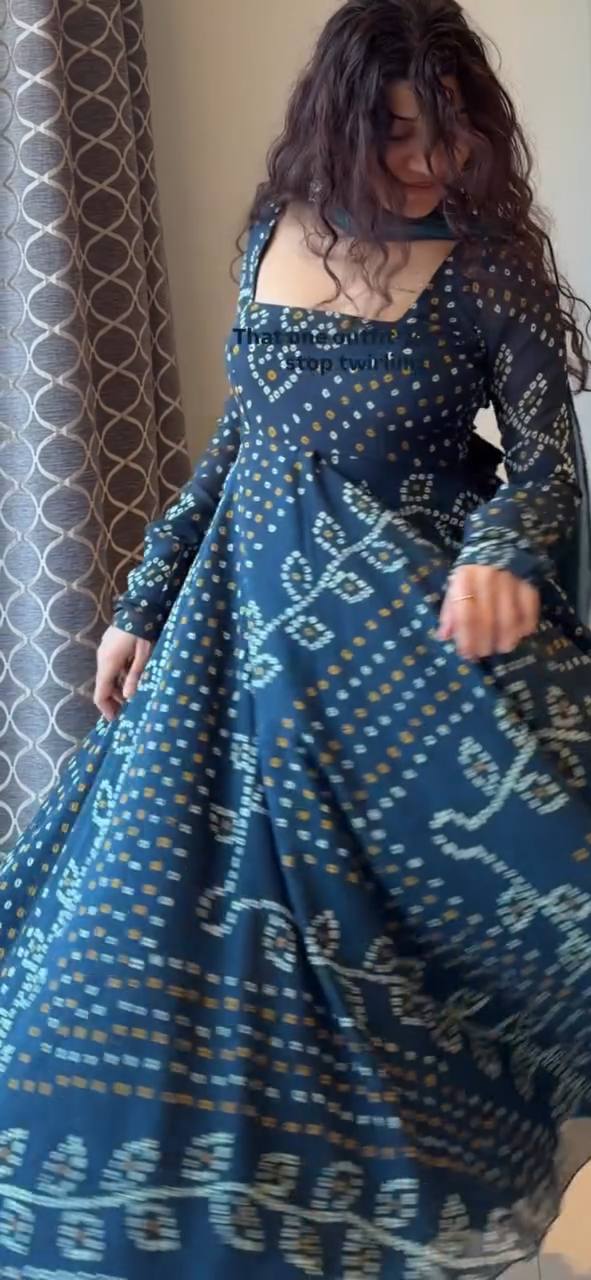 Teal Blue Printed Georgette Women's Anarkali Suit Set