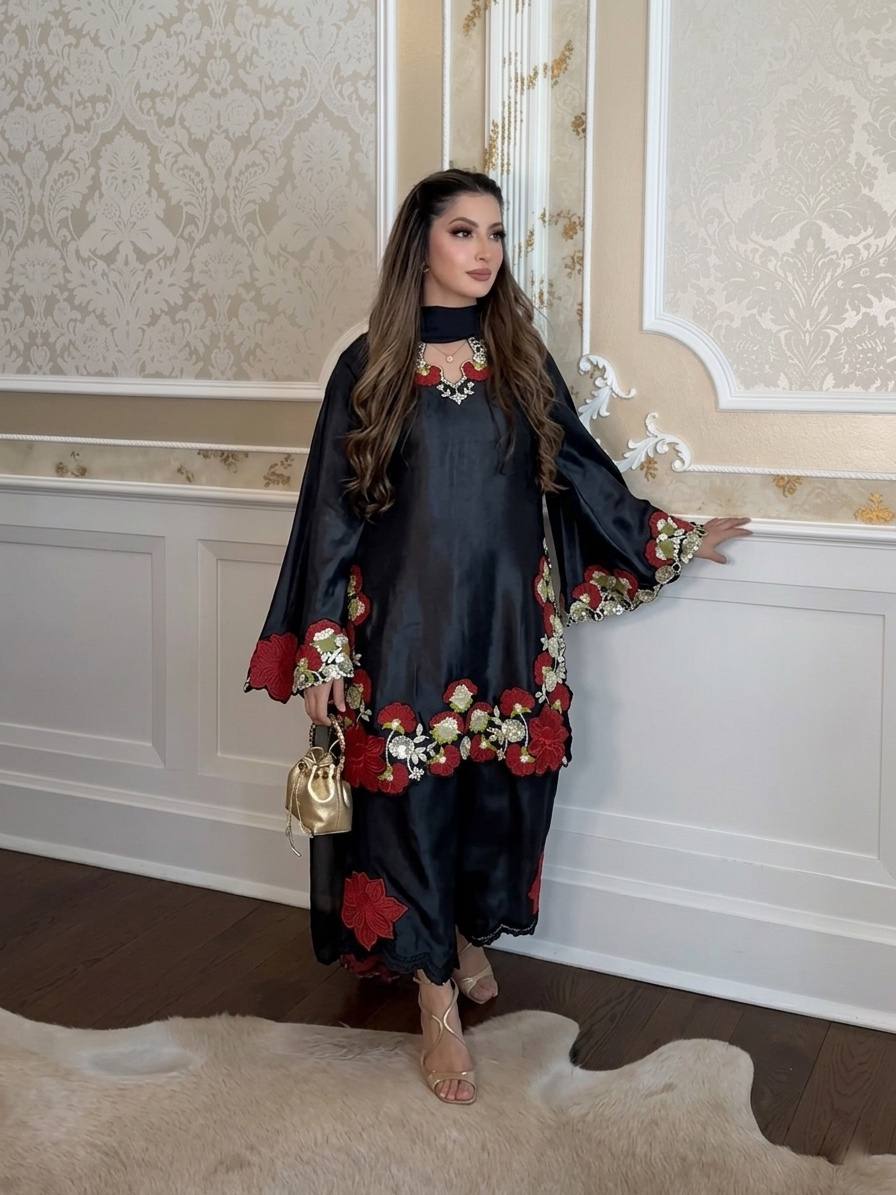 Festive  Wear Black Floral Embroidered Pakistani Suit Set