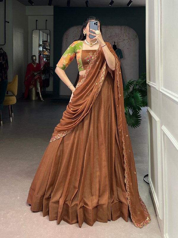 Chocolate Crush Designer Lehenga Choli Set with Gotta Patti Handwork Blouse & Embroidered Dupatta