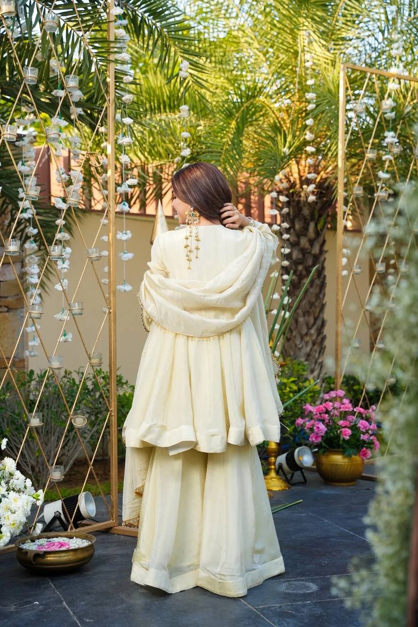 Festive Wear Cream Cosmos Fabric Mirror Work Anarkali Palazzo Set