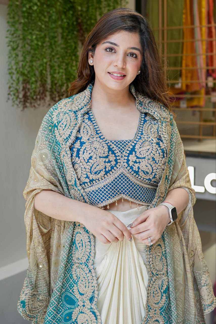 Party Wear Indo-Western Draped Saree Set with Embroidered Shrug - Western Saree Outfit for Women