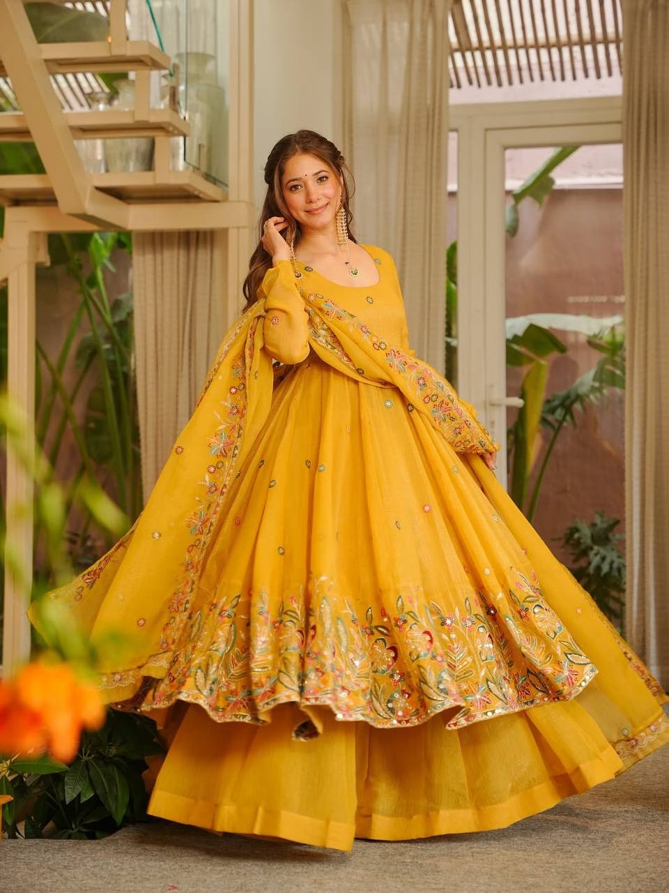 Mustard Yellow Embroidered Anarkali Palazzo Set With Dupatta | Designer Festive Wear for Women