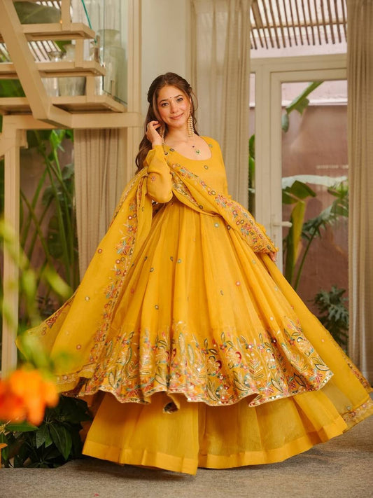 Mustard Yellow Embroidered Anarkali Palazzo Set With Dupatta | Designer Festive Wear for Women