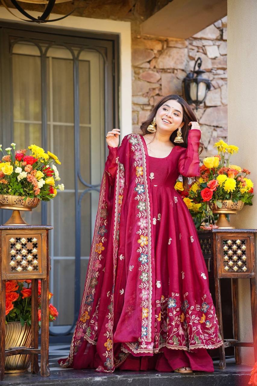 Floral Anarkali Palazzo Set with Thread & Sequin Embroidery | Wedding & Festive Wear