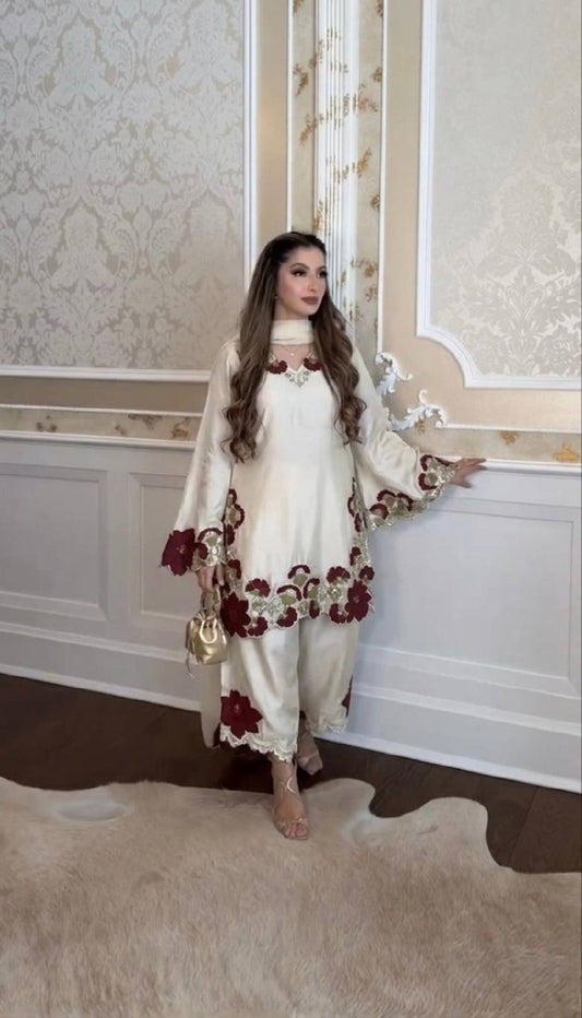 Rakhi Special Ivory Floral Embroidered Pakistani Suit Set with Dupatta | Luxury Festive Wear for Women