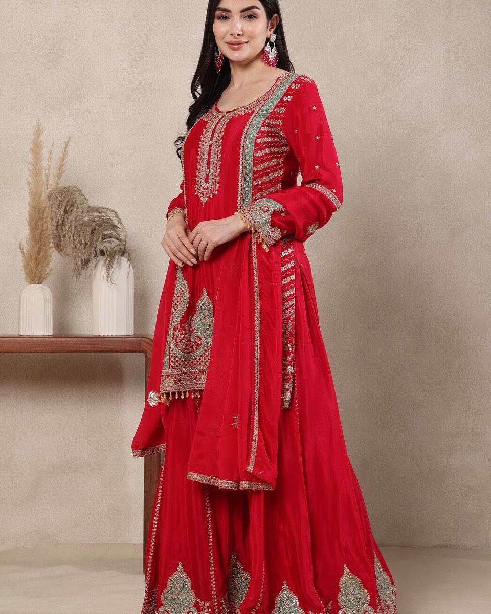 Wedding Wear Rani Red Chinnon Silk Sharara Palazzo Set with Dupatta