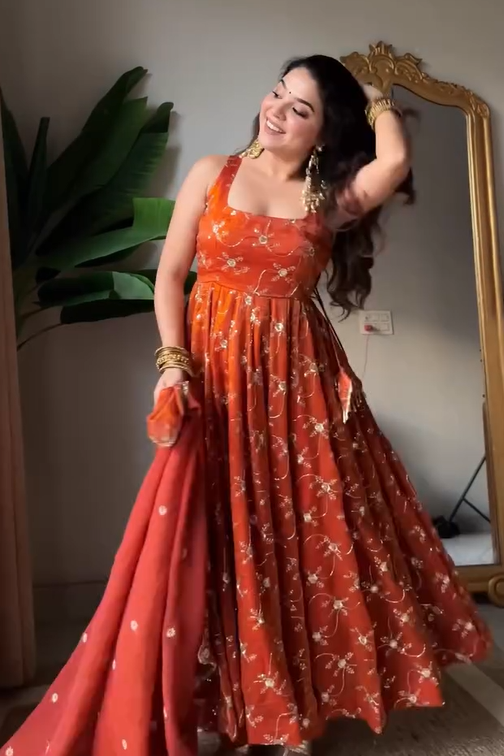 Rust Orange Pure Tissue Silk Anarkali Set with Hand Embroidery