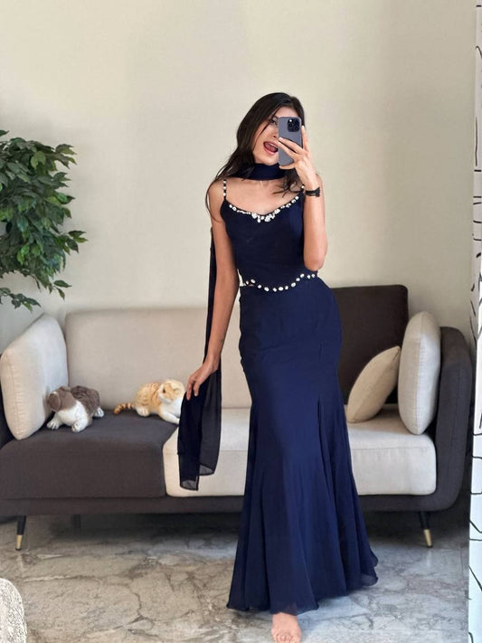 90's Style Iconic Navy Blue Fish Cut Fully Stitched Lehenga Choli