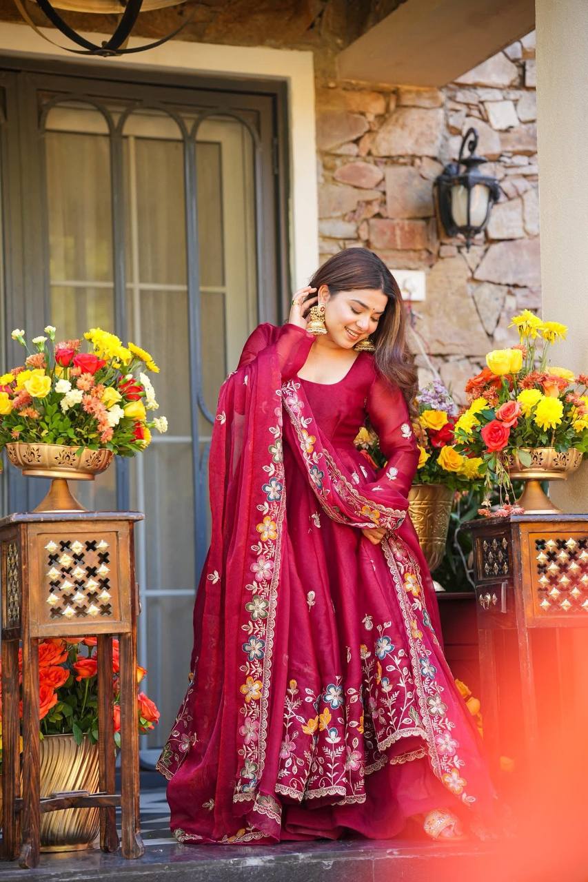 Floral Anarkali Palazzo Set with Thread & Sequin Embroidery | Wedding & Festive Wear