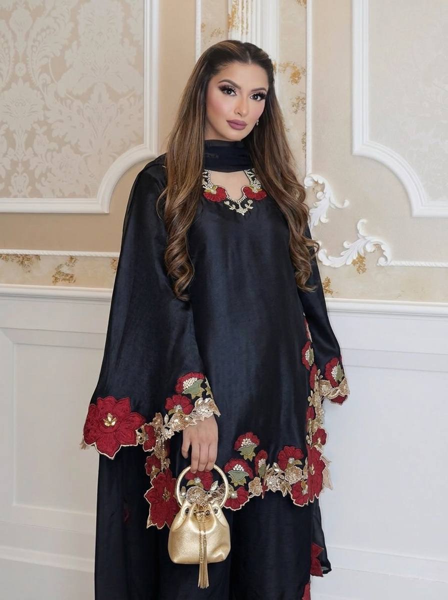 Festive  Wear Black Floral Embroidered Pakistani Suit Set
