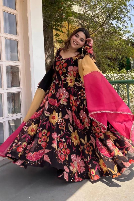 Festive Black Floral Anarkali Suit with Organza Dupatta For Women