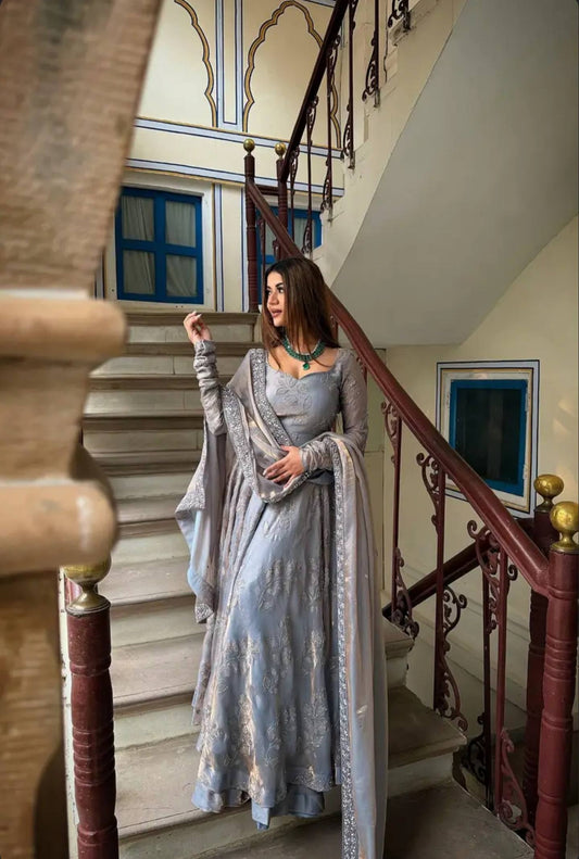 Elegant Grey Fandy Silk Anarkali Suit Set with Embroidered Dupatta | Designer Party Wear Wedding Anarkali for Women