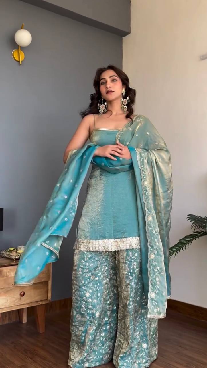Aqua Blue Palazzo Suit Set with Dupatta for Women | Embroidered Wedding, Party Wear & Pakistani Style 3 Piece Suit