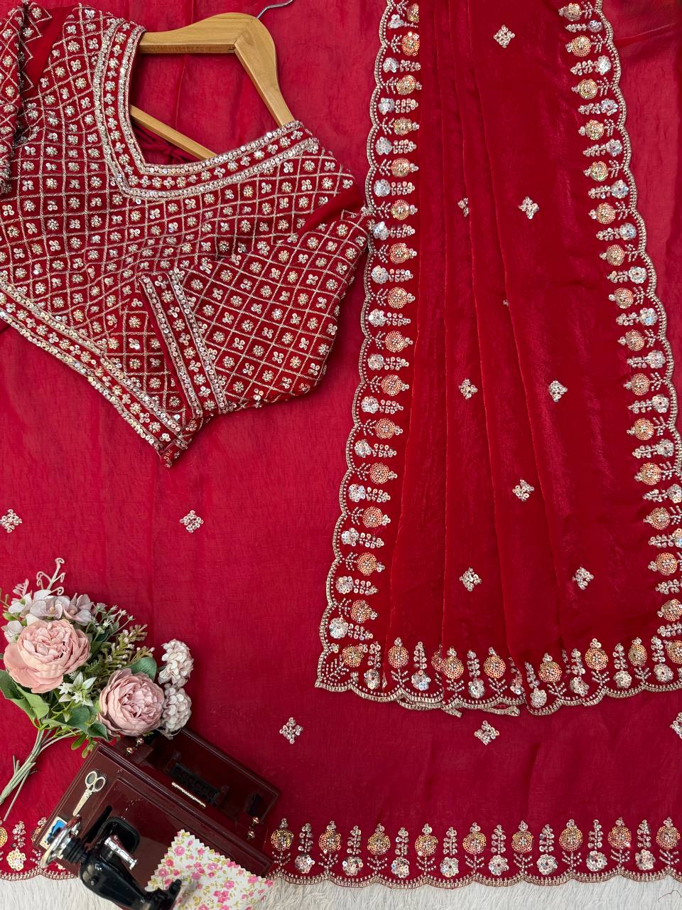 Bridal Red Fancy Silk Saree For Wedding & Reception Wear