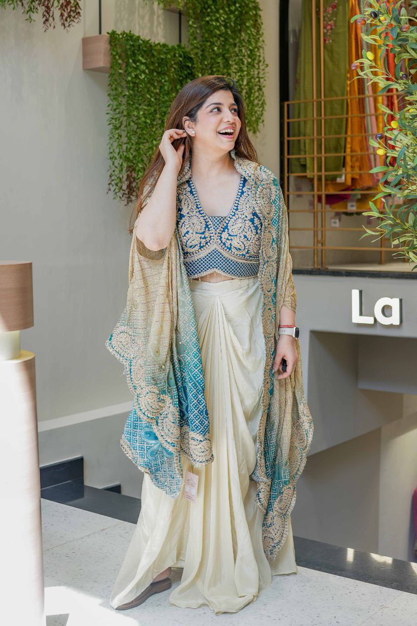 Party Wear Indo-Western Draped Saree Set with Embroidered Shrug - Western Saree Outfit for Women