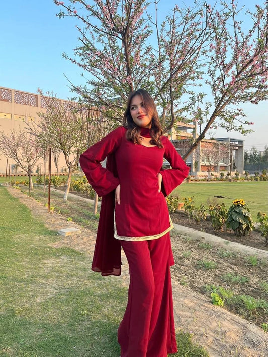 90’s Style Maroon Georgette Palazzo Sharara Suit