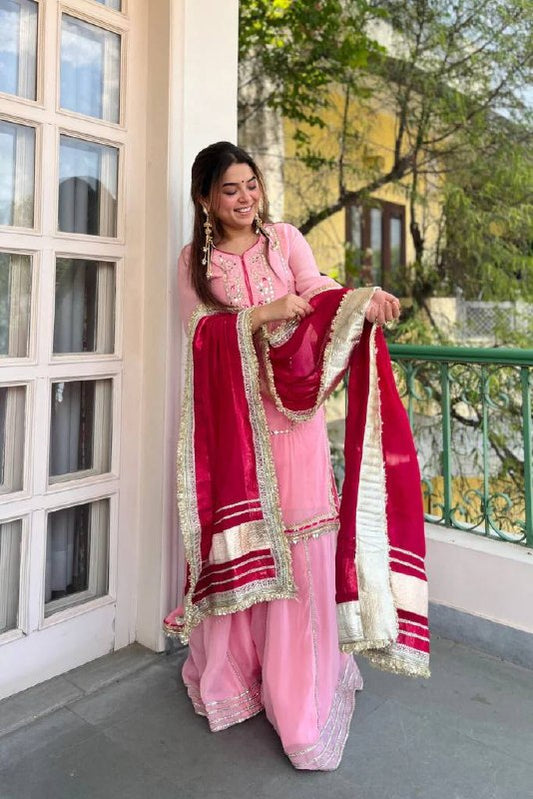 Women’s Baby Pink Embroidered Organza Silk Sharara Suit with Dupatta – Party Wear Ethnic Set