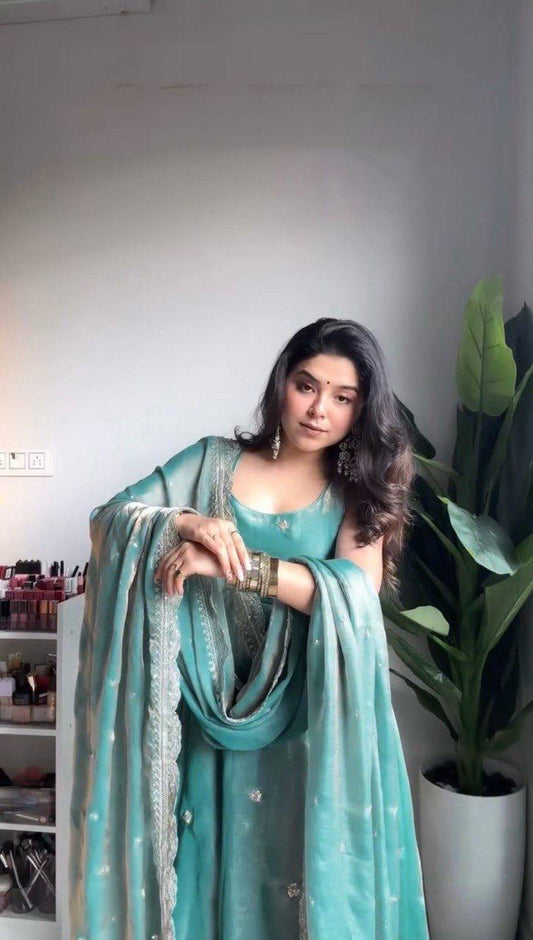 Sea Green Anarkali Suit Set with Thread & Sequin Work | Dresses For Women Party Wear