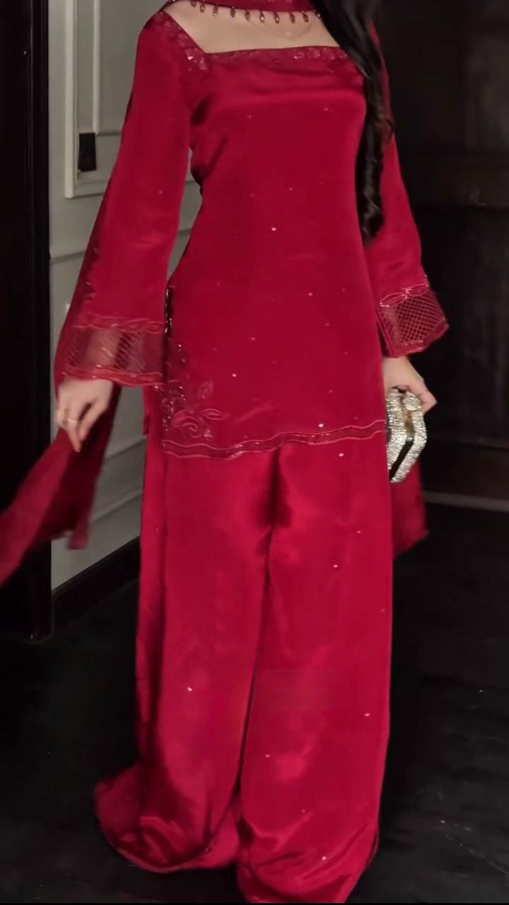 Wine Red Natural Silk Beads Work Party Wear Palazzo Suit with Dupatta