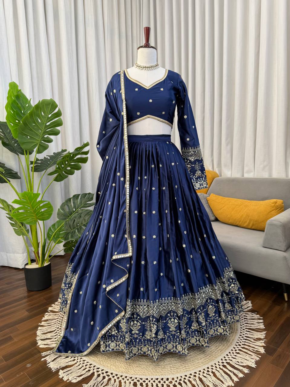 Royal Navy Blue Satin Lehenga with Sequin Work & Designer Dupatta set