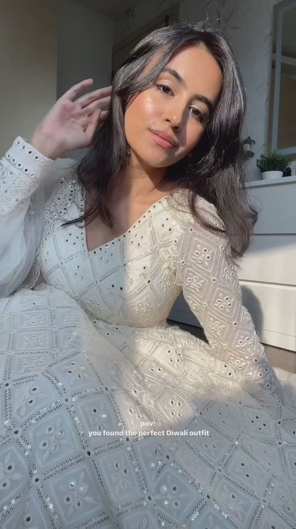 White Embroidered Georgette Anarkali Fully Stitched Suit Set