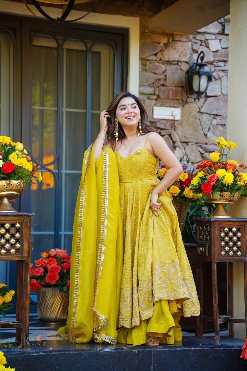 Wedding Wear Yellow Anarkali Suit with Sharara & Dupatta For Women