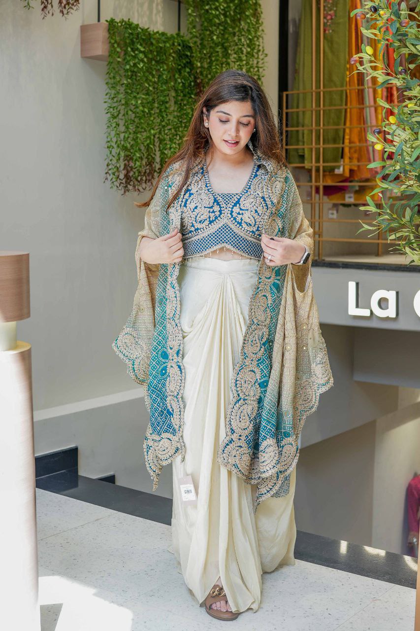 Party Wear Indo-Western Draped Saree Set with Embroidered Shrug - Western Saree Outfit for Women