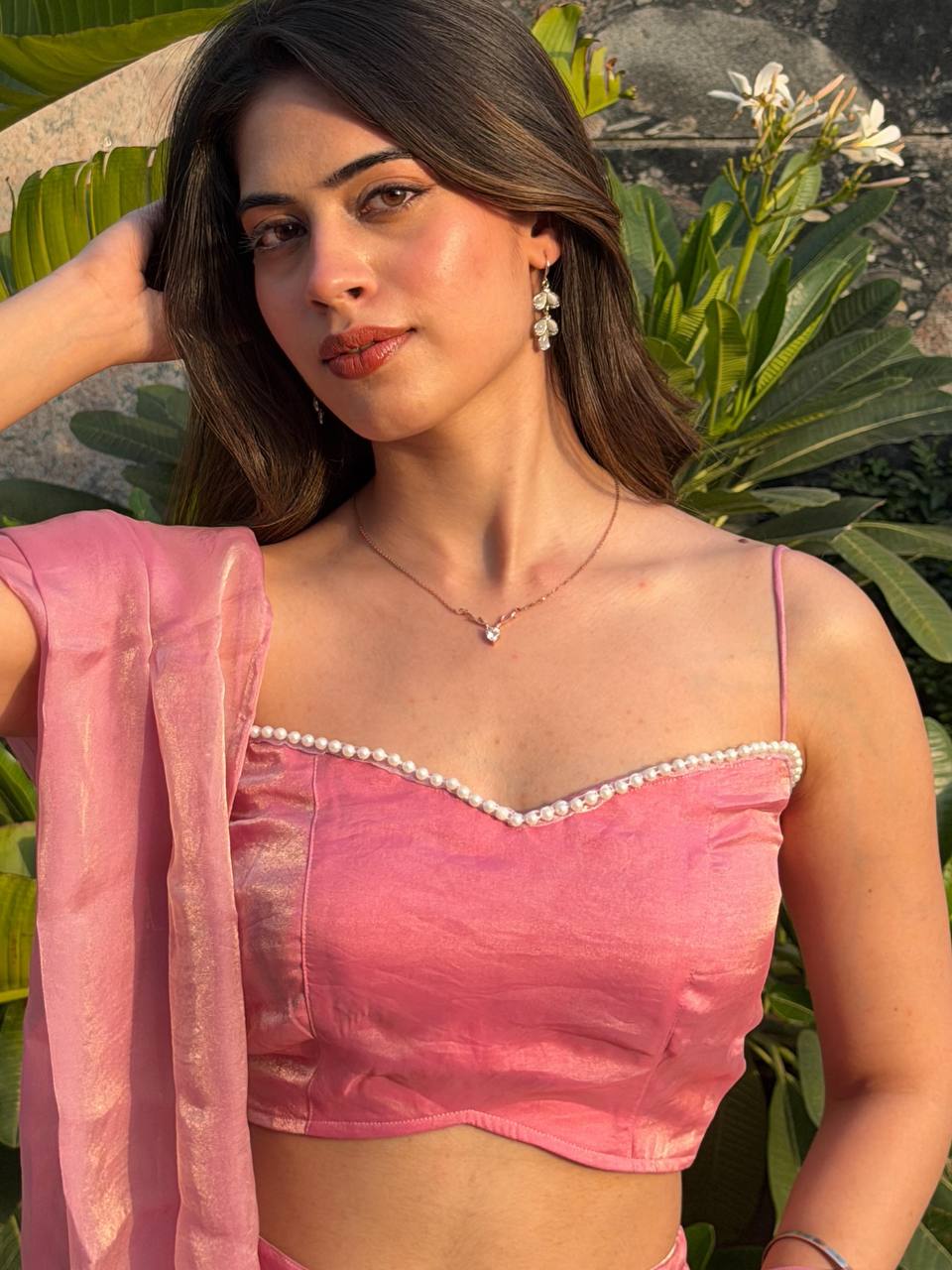 Elegant Soft Glam Pink Fendy Silk Palazzo Sharara Set
