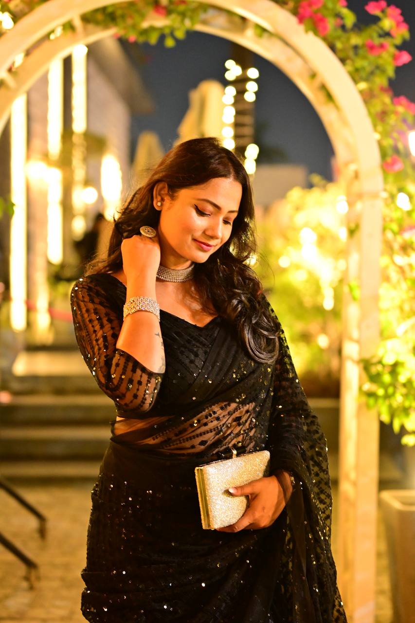 Black Saree Swag — Net Saree with Heavy Sequins & Thread Work ClothsVilla