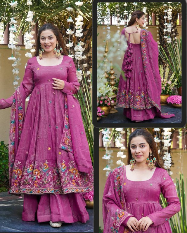 Luxury Embroidered Crunchy Silk Anarkali Gown Sharara Set with Dupatta