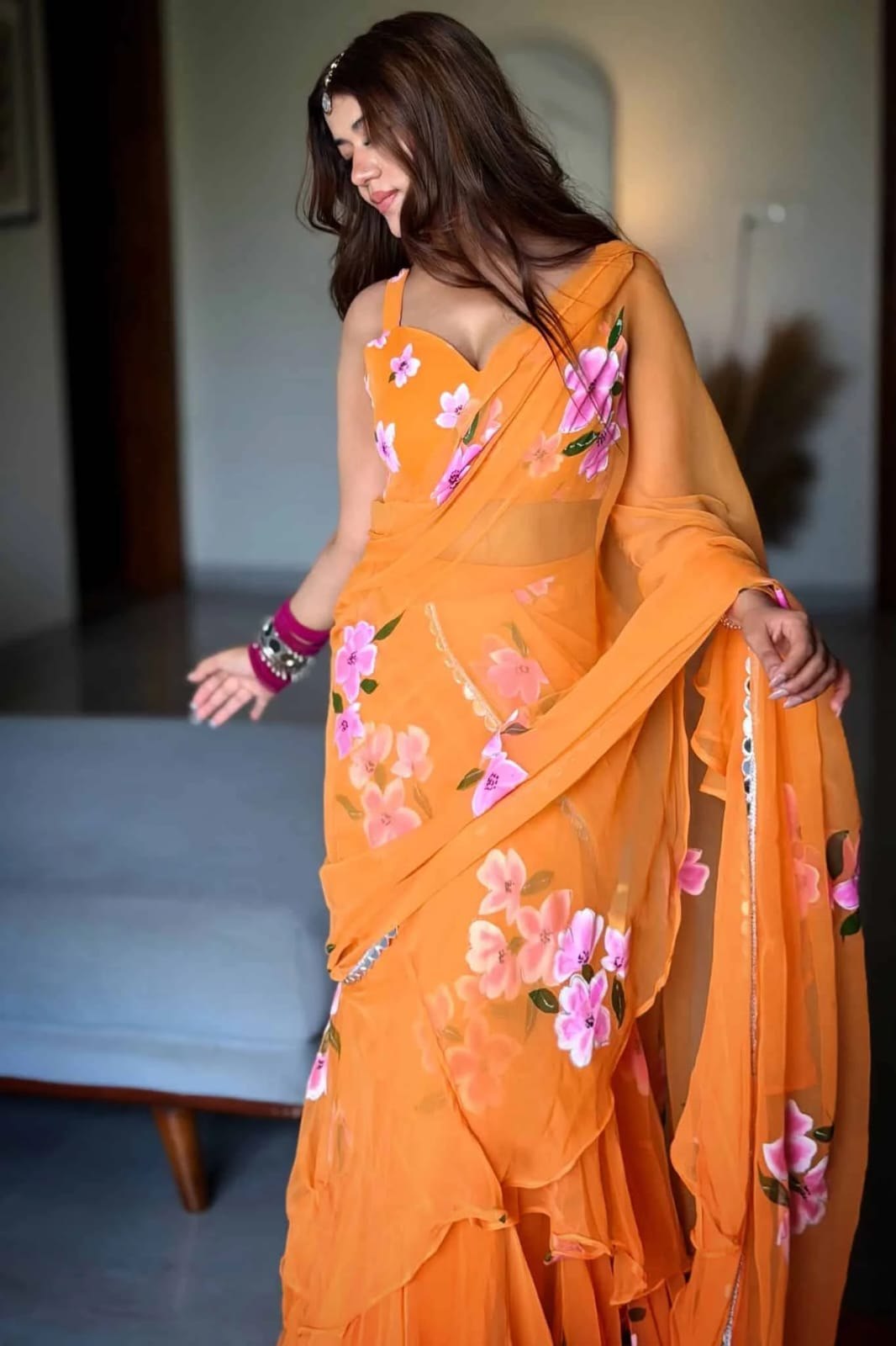Orange Floral Ruffle Lehenga Saree for Women | Ready-to-Wear Georgette Party Wear Saree