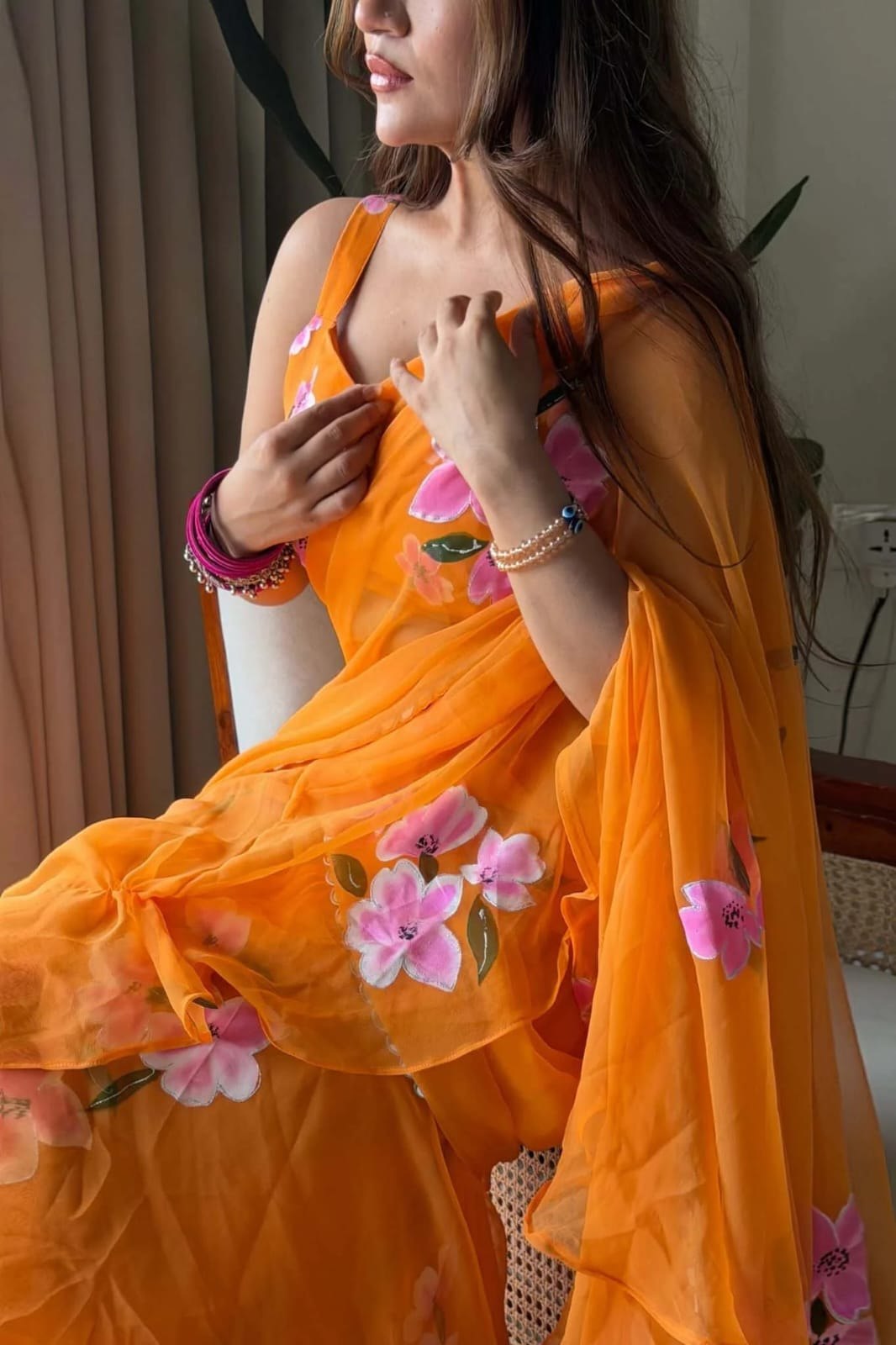 Orange Floral Ruffle Lehenga Saree for Women | Ready-to-Wear Georgette Party Wear Saree