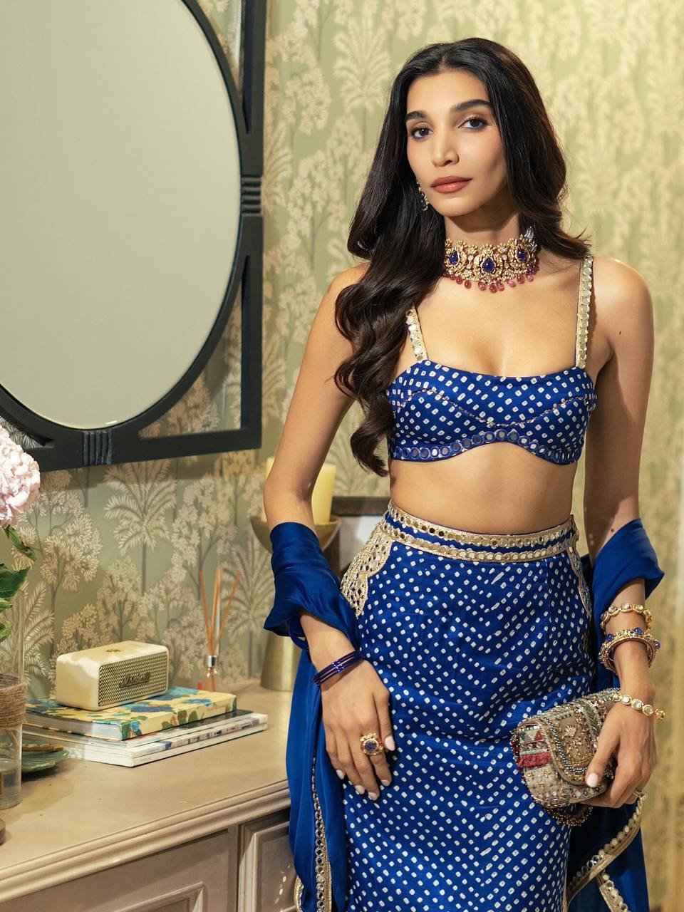 Royal Blue Bandhani Mirror Work Co-Ord Set with Dupatta for Women | Designer Indo-Western Festive Outfit